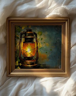 素朴なヴィンテージオイルランタン絵画 - 光るランタンの壁アート