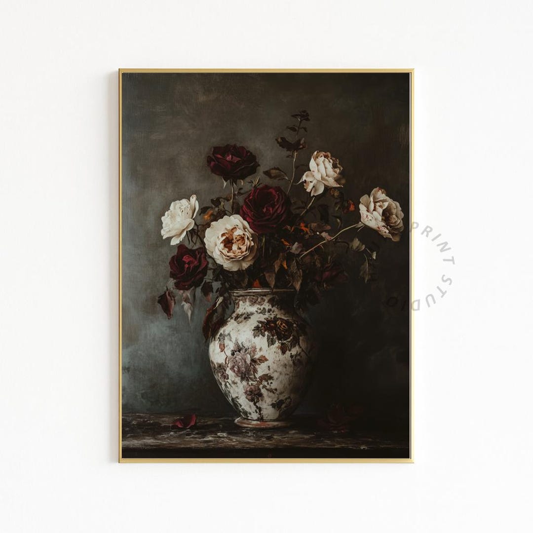 Dark Moody Floral Digital Print - Vintage Rose Still Life Art 1433 - Etsy