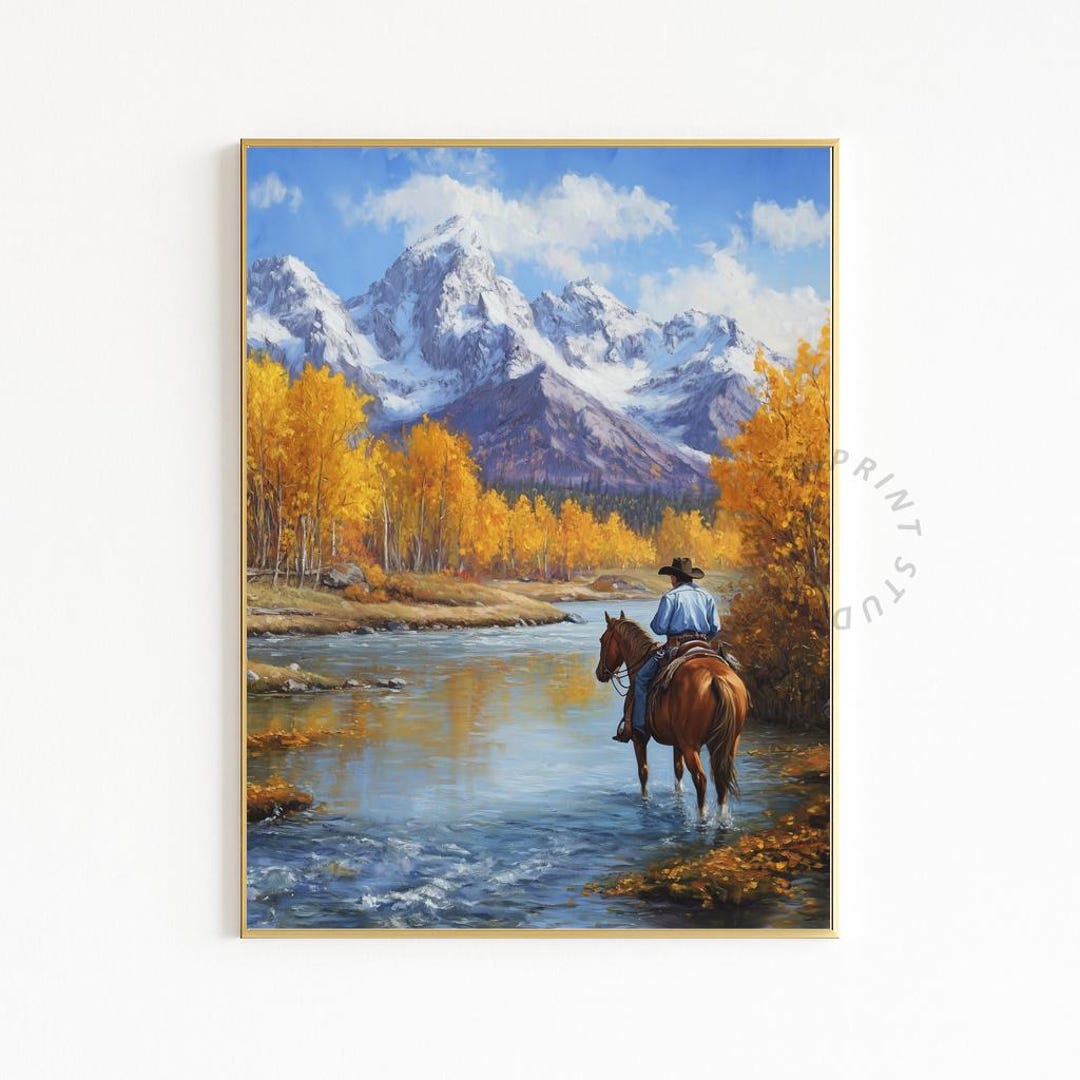 Western Mountain Cowboy Digital Print - Autumn Landscape Oil Painting ...