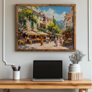 Mediterranean Market Square Painting - Printable Wall Art, Colorful Town Scene, Rustic European Decor, Digital Summer Artwork Print 210