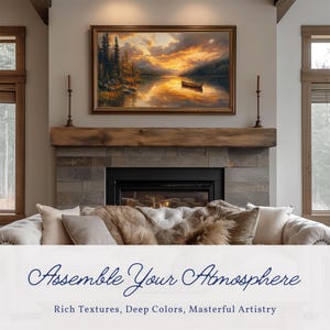 Golden Sunset Mountain Lake Frame TV Art, Reflective Nature Scene Art for TV, Rustic Wall Decor, Landscape Painting, Digital Download 336