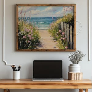 Pastel Coastal Walkway with Seashells - Printable Beach Scene, Pink Wildflowers, Rustic Summer Wall Art, Cottagecore Coastal Decor 487