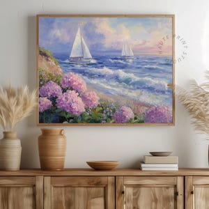 Sailboats on Calm Pastel Sea - Printable Seaside Painting, Coastal Wall Art, Soft Waves, Nautical Decor, Ocean Landscape Digital Art 648