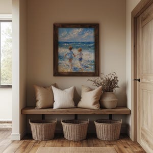Niños jugando junto al mar imprimibles: escena playera de verano, arte mural costero, decoración náutica, pintura oceánica para el hogar 69