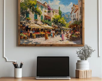 Vibrant Mediterranean Market Square Painting - Printable Colorful Town Scene, Sunny Summer Decor, Rustic Wall Art, Digital Download 96