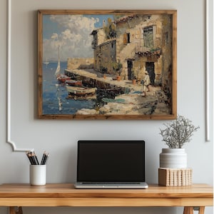 Rustic Mediterranean Harbor Scene - Printable Vintage Coastal Art, Seaside Village Painting, Old World Charm Wall Decor, Nautical Decor 181