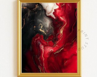 Red Black Gold Marble Digital Print - Dramatic Abstract Wall Art 1411