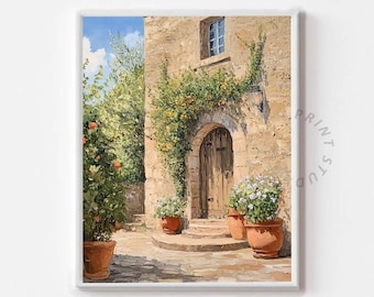 Impresión artística de entrada de villa rústica toscana: pintura de entrada mediterránea cálida, decoración de terraza estilo cottagecore, descarga digital imprimible 1384