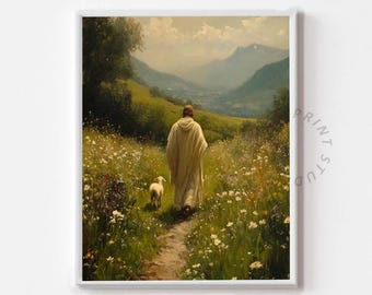 Rustic Pastoral Shepherd & Sheep Landscape - Printable Art, Serene Cottagecore Scene, Warm Countryside Wall Decor, Digital Download 1396