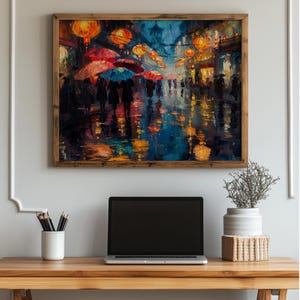 Lantern-lit Festival Street on a Rainy Night - Reflections, Moody Night Scene, Printable Wall Art, Urban Rainy Night Decor, Download 138