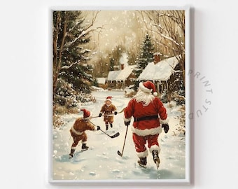Vintage Weihnachten Weihnachtsmann spielt Hockey Druck - Winter Ölgemälde, Elfen Eislaufen, printable digitaler Download 1247
