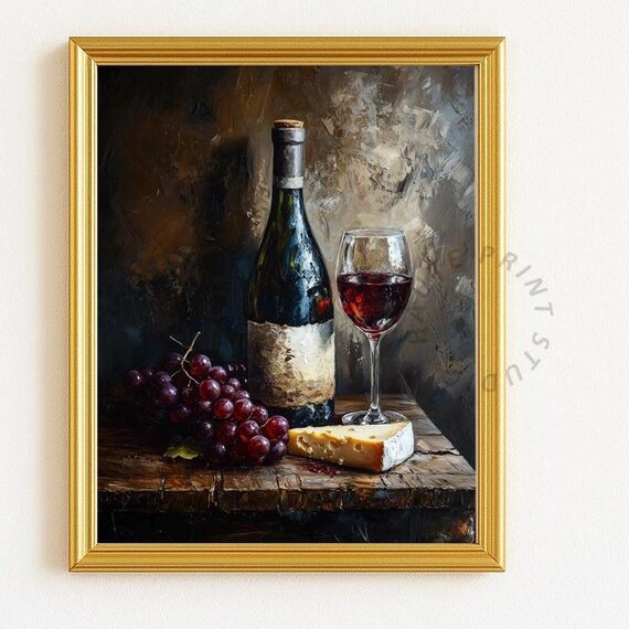 ワインとチーズの油彩画 ワインとチーズの油彩画