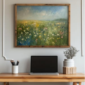 Prado rústico de flores silvestres na primavera - Arte de paisagem de verão para impressão, campo ensolarado, decoração de parede Cottagecore, impressão digital da natureza 192