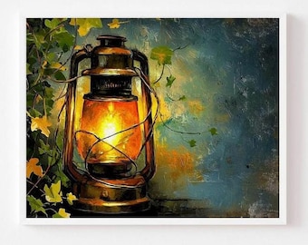 Rustic Vintage Oil Lantern Painting - Glowing Lantern Wall Art, Warm Cottagecore Decor, Printable Vintage Lantern Print, Cozy Autumn 1099