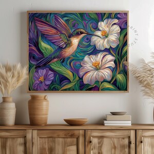 Vibrant Hummingbird in Flight - Botanical Wall Art, Printable Colorful Floral Decor, Exotic Flower Garden Scene, Cottagecore Art 626