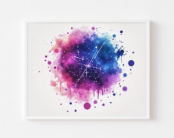 Galaxy Konstellation Silhouette zum Ausdrucken - Aquarell Weltraum Kunst, kosmische Wanddekoration, lebendige Astronomie Malerei, digitaler Sternendruck 1046