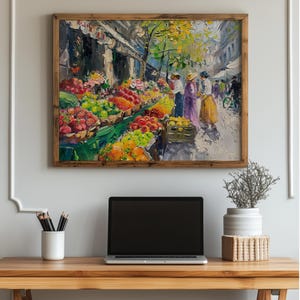 Bustling Summer Market Scene - Printable Vibrant Street Art, Colorful Fruit Stalls, Rustic City Decor, Lively Wall Art Painting 200