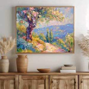 Printable Serene Hillside Landscape Art - Gentle Oil Painting, Tranquil Nature Scene, Rustic Cottagecore Decor, Digital Wall Print 3