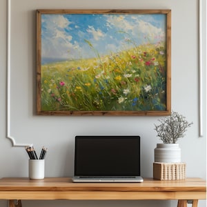 Arte de parede de prado ensolarado - Paisagem rústica de verão, campo de flores silvestres, decoração campestre para impressão, pintura da natureza, download digital 193