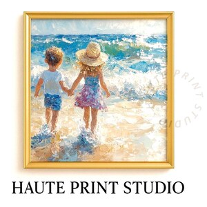 Impressionist Children by the Seaside - Printable Summer Beach Art, Rustic Coastal Decor, Charming Nautical Scene, Ocean Wall Print 689