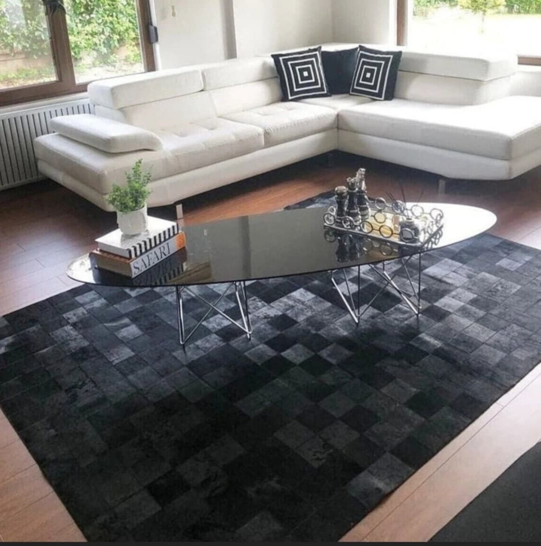 Black Stripe Cowhide Leather Rugs 100 Natural Leather Patchwork Water