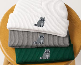 Embroidered Cute Raccoon Beanie, animal Lover Gift, Raccoon Hat, Raccoon Lover Beanie, Wild Creature lover, Unisex Knit Beanie