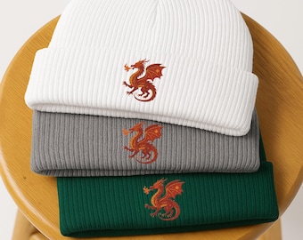 Fire Dragon Embroidered Beanie Hat, Fantasy Cottagecore Hat, Vintage Boho Gift, Apparel Knit Cap for Nature Lover, Gift for Her, XMAS gift