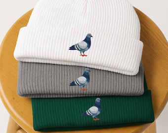 Embroidered Pigeon Beanie, animal Lover Gift, Pigeon Hat, Cottagecore Beanie, Animal Embroidery Winter Hat, Unisex Knit Beanie