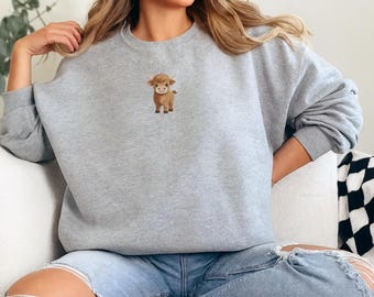 Highland Cow geborduurd sweatshirt, grappige boerderijdieren ronde hals, cadeau voor koeienliefhebbers, gezellige trui van de boerderij