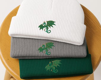 Dragon Embroidered Beanie Hat, Fantasy Cottagecore Winter Hat, Vintage Boho Gift, Apparel Knit Cap for Nature Lover, Gift for Her, XMAS gift
