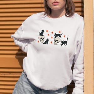 Halloween Black Cat Embroidery Sweatshirt,  Cute Cat Unisex Sweatshirt, Embroidered Cat sweater, Embroidered clothing  Autumn Sweater