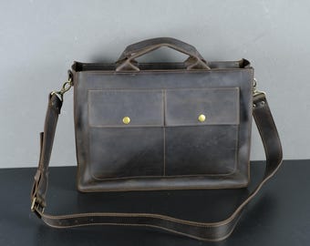 Personalized Full-Grain Leather Briefcase, Handmade Office Messenger Bag