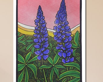 水彩画　ルピナス畑と青い海　値段は※900円です ルピナスの花のプリント - 絵画、青い水彩画の植物装飾、モダンな農家
