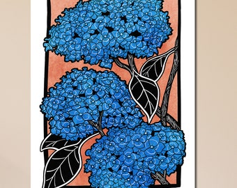 Hydrangea Wall Art - Blue Hydrangea Print Poster - Contemporary Botanical Floral Modern Farmhouse Scenic Wall Decor