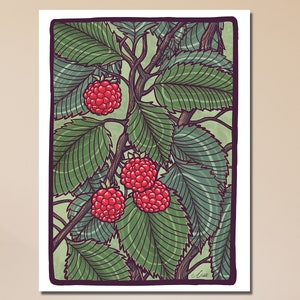 Wandkunst Poster - Himbeerpflanze - Zeitgenössische botanische Blumen moderne Bauernhaus-Malerei Wanddekor