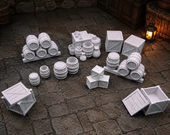 Fantasy Cargo Scatter Terrain Set | Crates Barrels & Supplies | DND Terrain | Tabletop RPG Scenery  | Merchant Goods UNPAINTED