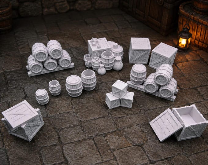 Fantasy Cargo Scatter Terrain Set | Crates Barrels & Supplies | DND Terrain | Tabletop RPG Scenery  | Merchant Goods UNPAINTED