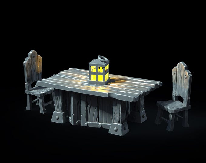 Table with chairs  LED – Fantasy | 3D Printed Scatter | Tabletop RPG D&D | Daggerheart (UNPAINTED)