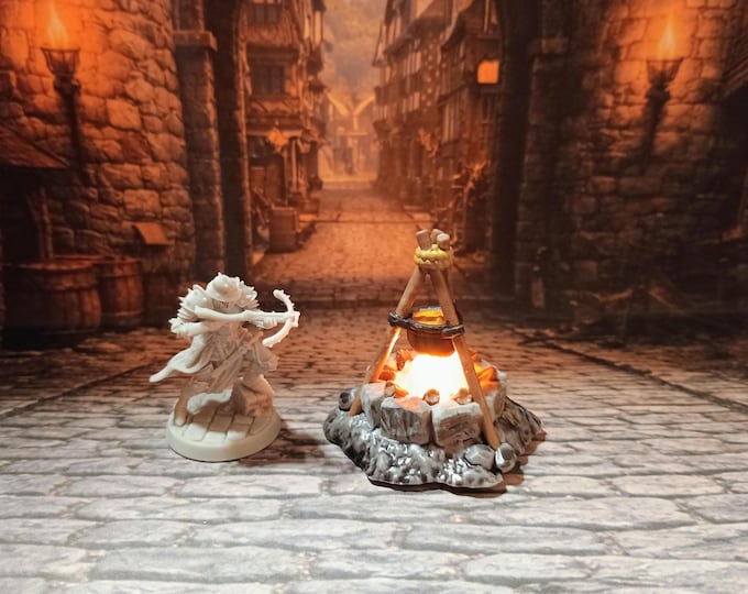 Campfire Cooking LED Fantasy Terrain | 3D Printed Scatter | Tabletop RPG DnD Daggerheart (UNPAINTED)