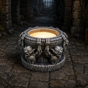 May include: A circular stone-textured candle holder featuring multiple sculpted gargoyle figures around the exterior, each with arms raised to support the rim. The center contains a smooth, round, light-colored wax candle with a warm glow.