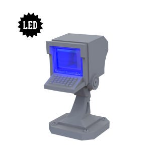 May include: A gray computer terminal figurine featuring a bright blue LED screen and an integrated keyboard. The device is mounted on a sturdy pedestal base with visible screw details at the corners. A black star-shaped icon with the text LED is present.