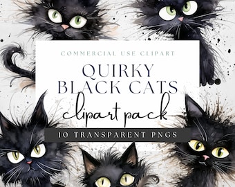 Watercolor whimsical black cats quirky, clipart bundle, Transparent PNG, Instant Download, Scrapbooking, Print on demand, Commercial Use