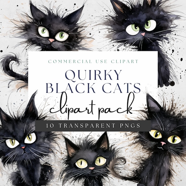 Watercolor whimsical black cats quirky, clipart bundle, Transparent PNG, Instant Download, Scrapbooking, Print on demand, Commercial Use