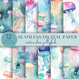 Carta digitale con meduse acquerellabili, motivo senza soluzione di continuità, scrapbooking, diario spazzatura, download immediato