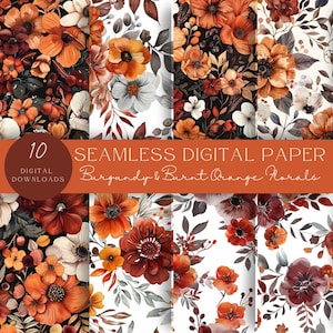 Motivo floreale senza soluzione di continuità color bordeaux e arancione bruciato/Clipart di fiori boho/Fiore bordeaux/Clipart di peonie/Carte digitali per matrimoni autunnali