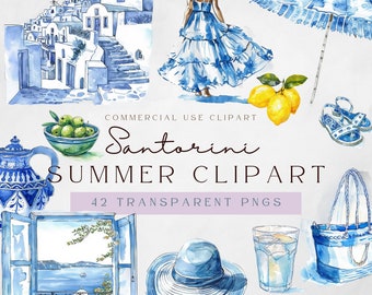 Santorini akvarell Clipart: Grekisk ö-semester (digital nedladdning)
