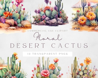 Peut inclure: Illustrations à l'aquarelle de différentes plantes de cactus du désert avec des fleurs dans des tons de rose, jaune et vert. Les illustrations sont sur un fond de sable et de rochers. Le texte "Floral Desert Cactus" et "14 Transparent PNGs" est inclus dans l'image.
