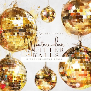 Boule de paillettes aquarelle or, boule disco rétro, clipart fête, PNG Transparent, téléchargement immédiat, usage commercial