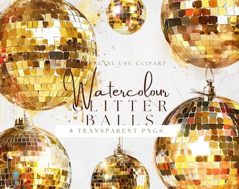 Gold Watercolour Glitter Ball, Retro Disco Ball, Party Clipart, Transparent PNG, Instant Download, Commercial Use