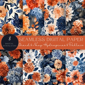 Hortensia en dahlia herfst bruiloft bloemen naadloze patroon | Digitaal bloemenpapier | Verbrande oranje en marineblauwe bloemen | Commercieel gebruik